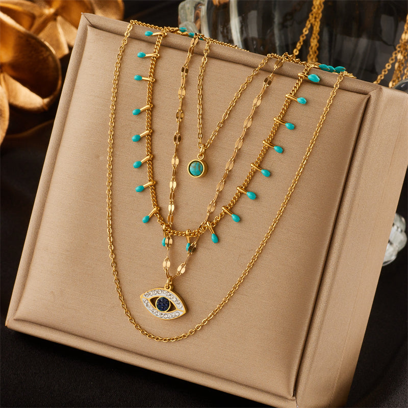 Retro Eye Titanium Steel Inlay Turquoise Zircon Layered Necklaces