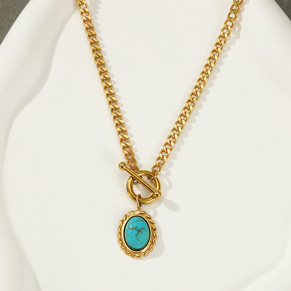 Fashion Oval Stainless Steel Plating Turquoise Pendant Necklace