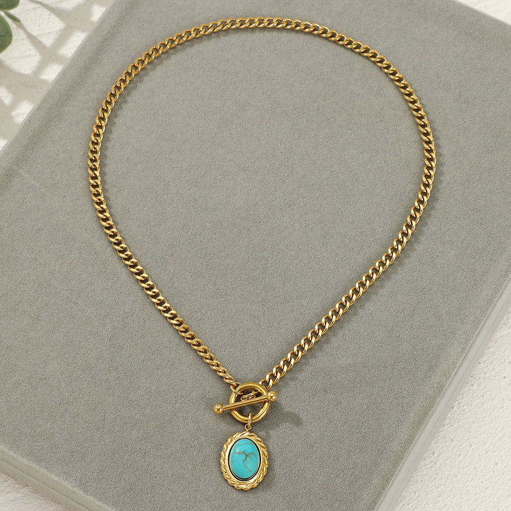 Fashion Oval Stainless Steel Plating Turquoise Pendant Necklace