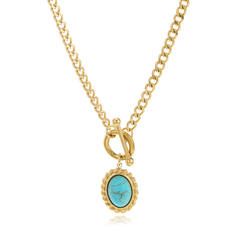 Fashion Oval Stainless Steel Plating Turquoise Pendant Necklace