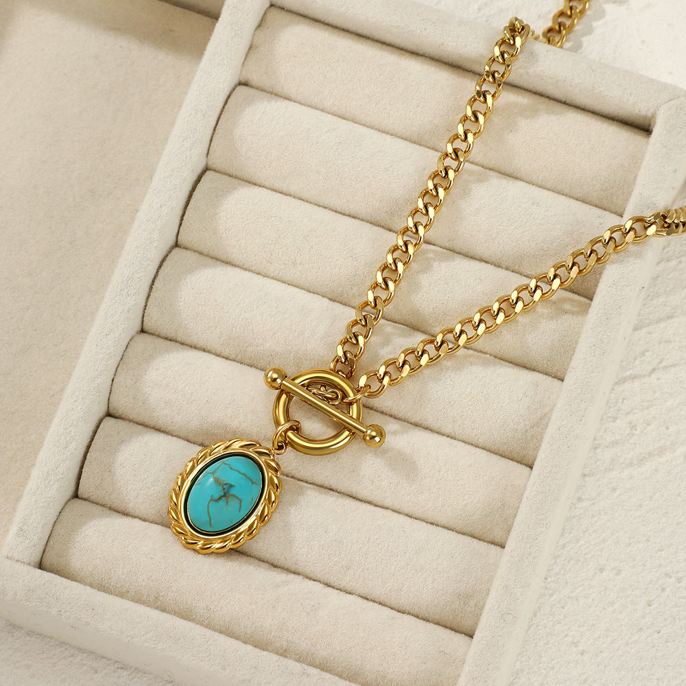 Fashion Oval Stainless Steel Plating Turquoise Pendant Necklace