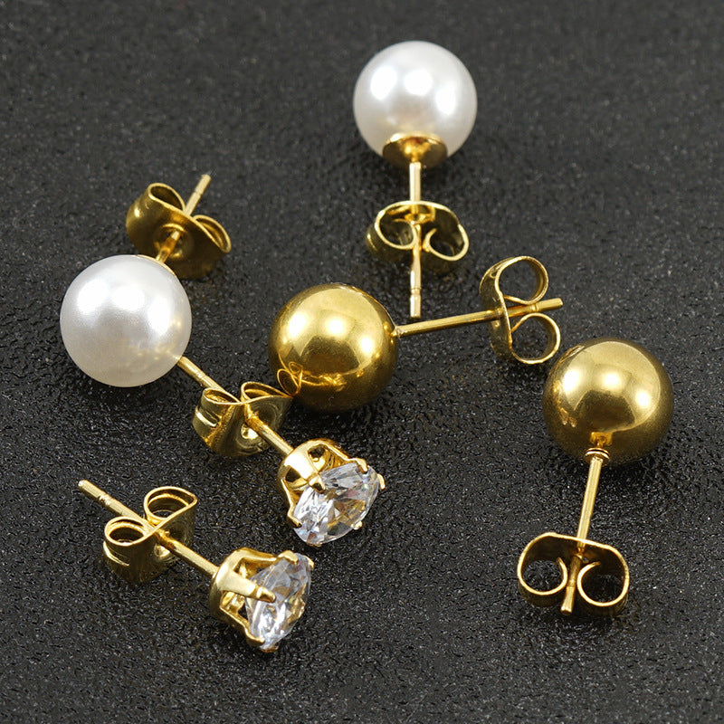 Elegant Geometric Stainless Steel Inlay Artificial Pearls Zircon Ear Studs