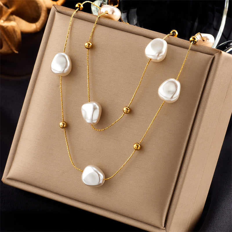 Basic Geometric Titanium Steel Gold Plated Artificial Pearls Necklace