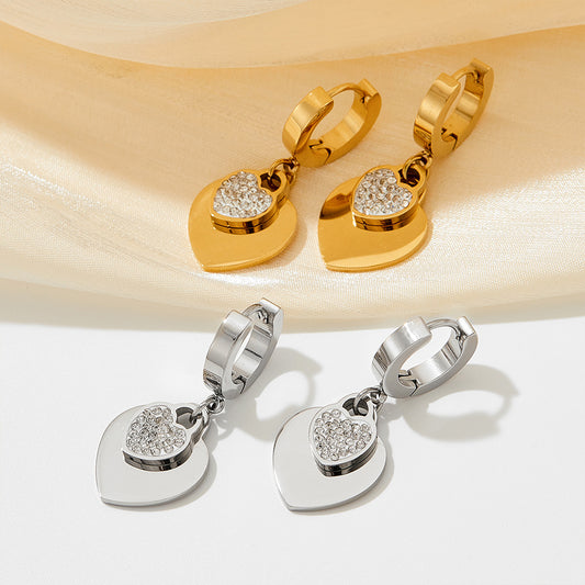 Fashion Heart Shape Stainless Steel Titanium Steel Plating Inlay Zircon Earrings