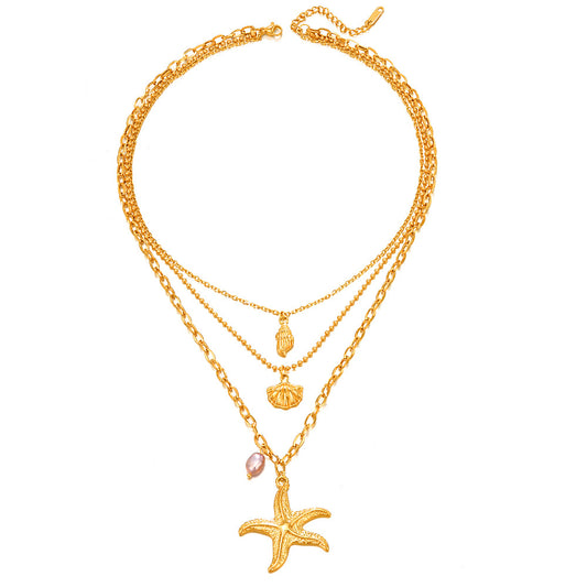 Beach Starfish Conch Shell Stainless Steel Plating Artificial Pearls Layered Necklaces