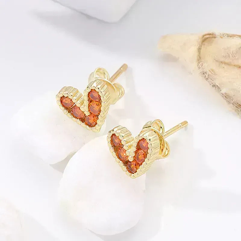 Fashion Heart Shape Inlay Copper Zircon 18k Gold Plated Ear Studs