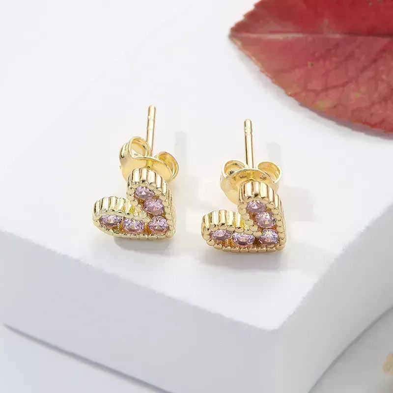 Fashion Heart Shape Inlay Copper Zircon 18k Gold Plated Ear Studs