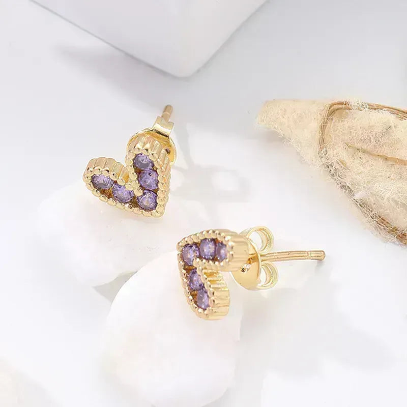 Fashion Heart Shape Inlay Copper Zircon 18k Gold Plated Ear Studs