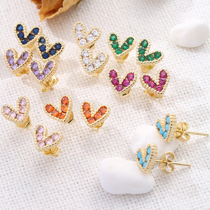 Fashion Heart Shape Inlay Copper Zircon 18k Gold Plated Ear Studs