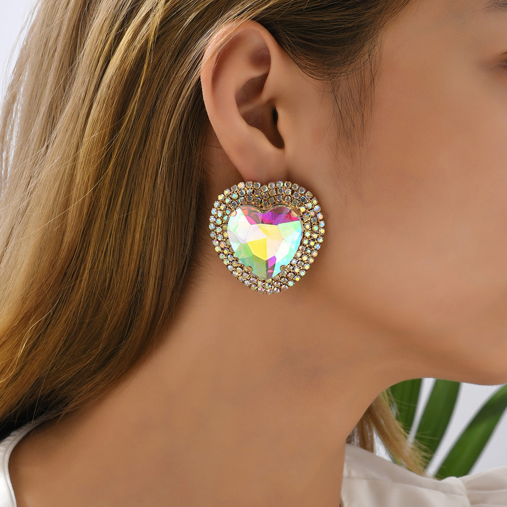 Fashion Heart Shape Metal Inlay Rhinestones Women's Ear Studs