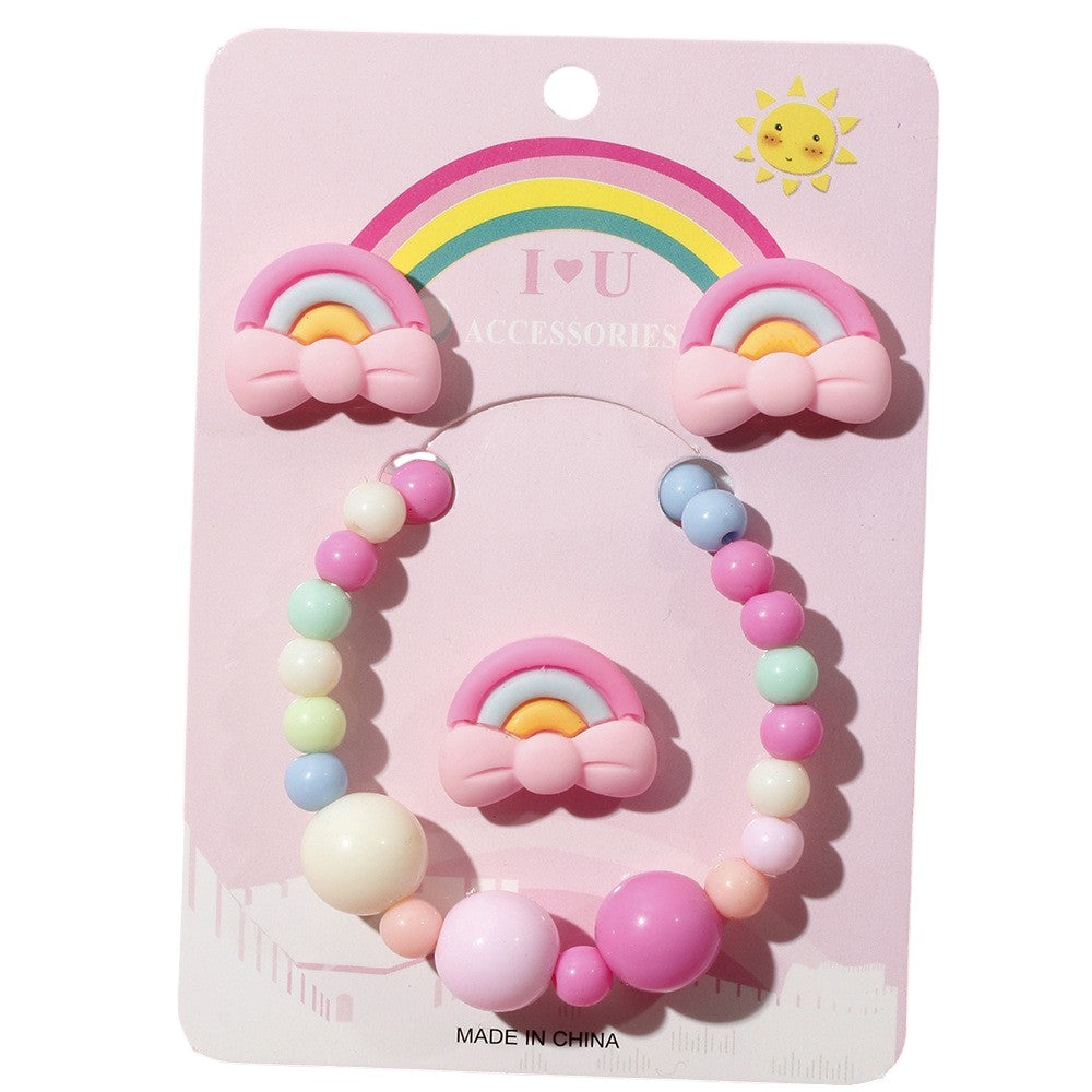 1 Set Sweet Rainbow Arylic Girl's Rings Bracelets Earrings