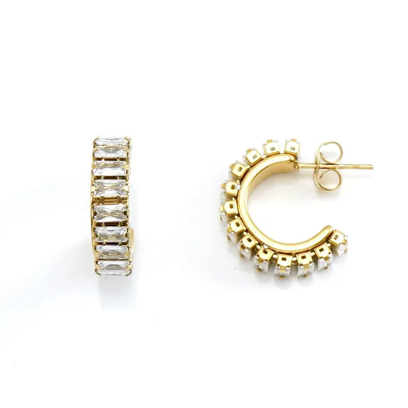 Simple Style C Shape Inlay Stainless Steel Artificial Diamond Earrings