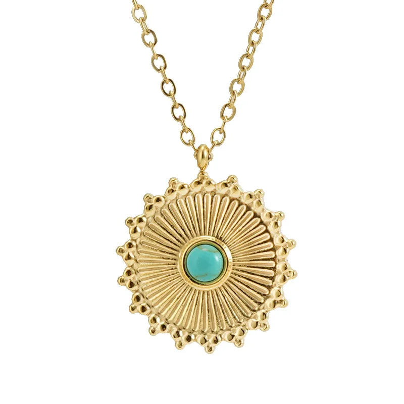 Retro Round Stainless Steel Inlay Turquoise Pendant Necklace