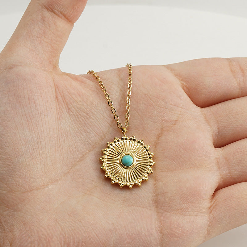 Retro Round Stainless Steel Inlay Turquoise Pendant Necklace