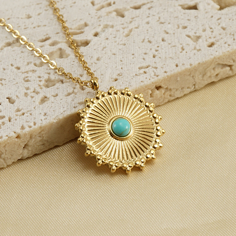 Retro Round Stainless Steel Inlay Turquoise Pendant Necklace