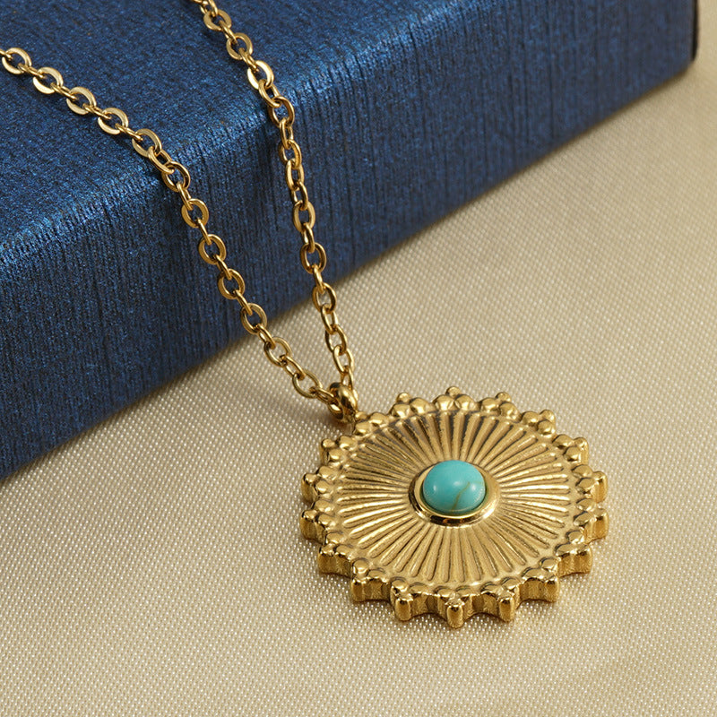 Retro Round Stainless Steel Inlay Turquoise Pendant Necklace