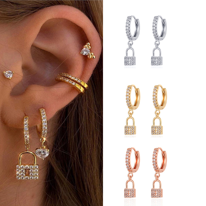 Shiny Lock Copper Plating Drop Earrings with Inlay Zircon