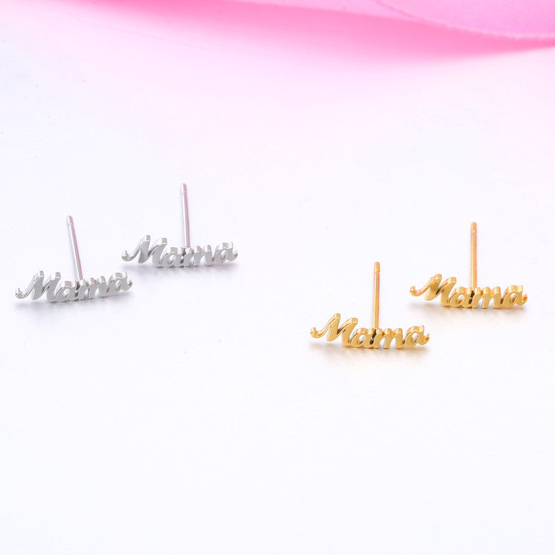 Mama Letter Titanium Steel Plating Ear Studs, pack of 2 pairs