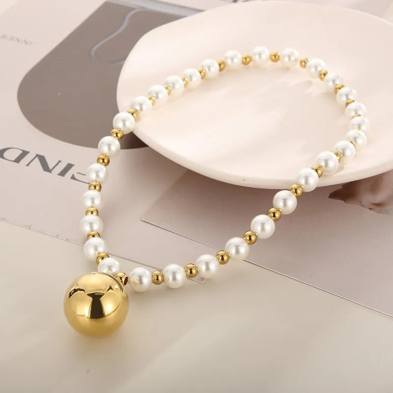 Retro Round Stainless Steel Imitation Pearl Plating Pendant Necklace