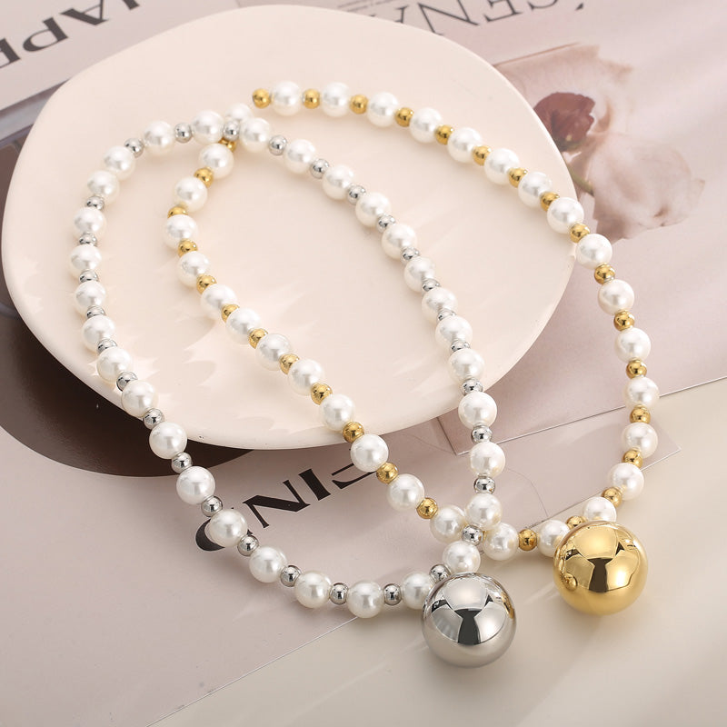 Retro Round Stainless Steel Imitation Pearl Plating Pendant Necklace