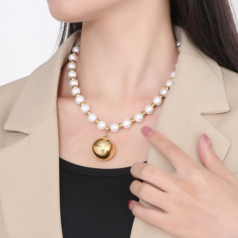 Retro Round Stainless Steel Imitation Pearl Plating Pendant Necklace