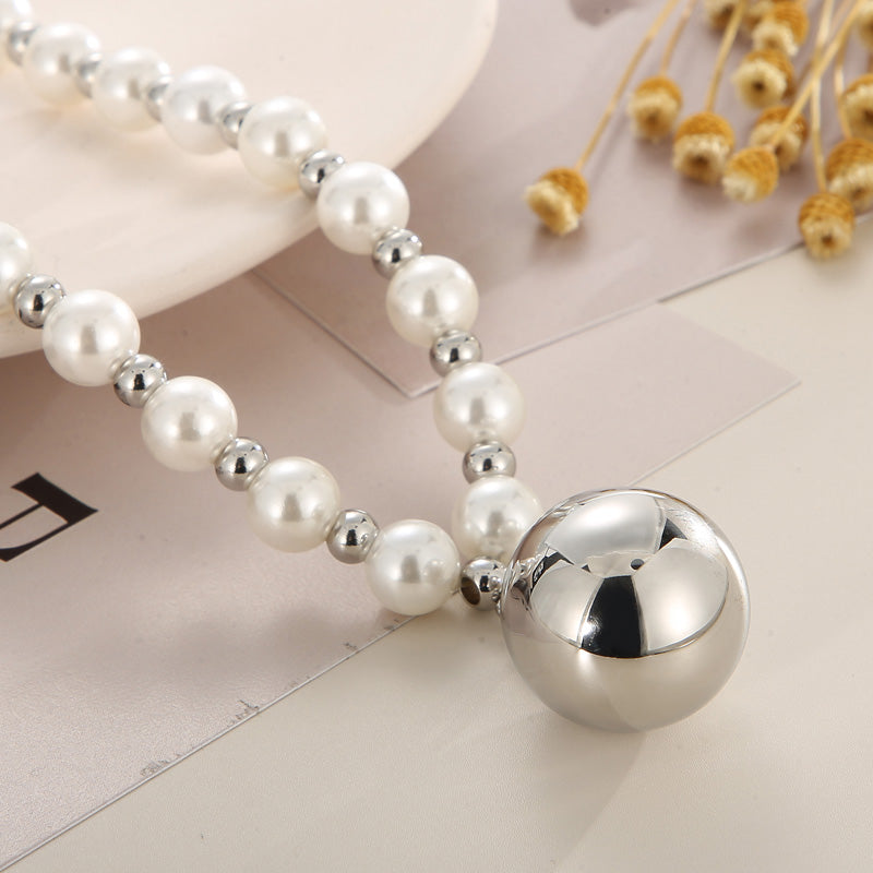 Retro Round Stainless Steel Imitation Pearl Plating Pendant Necklace