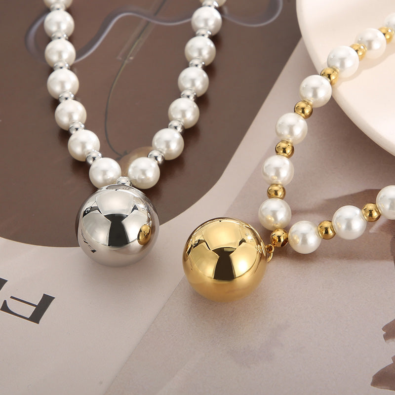 Retro Round Stainless Steel Imitation Pearl Plating Pendant Necklace