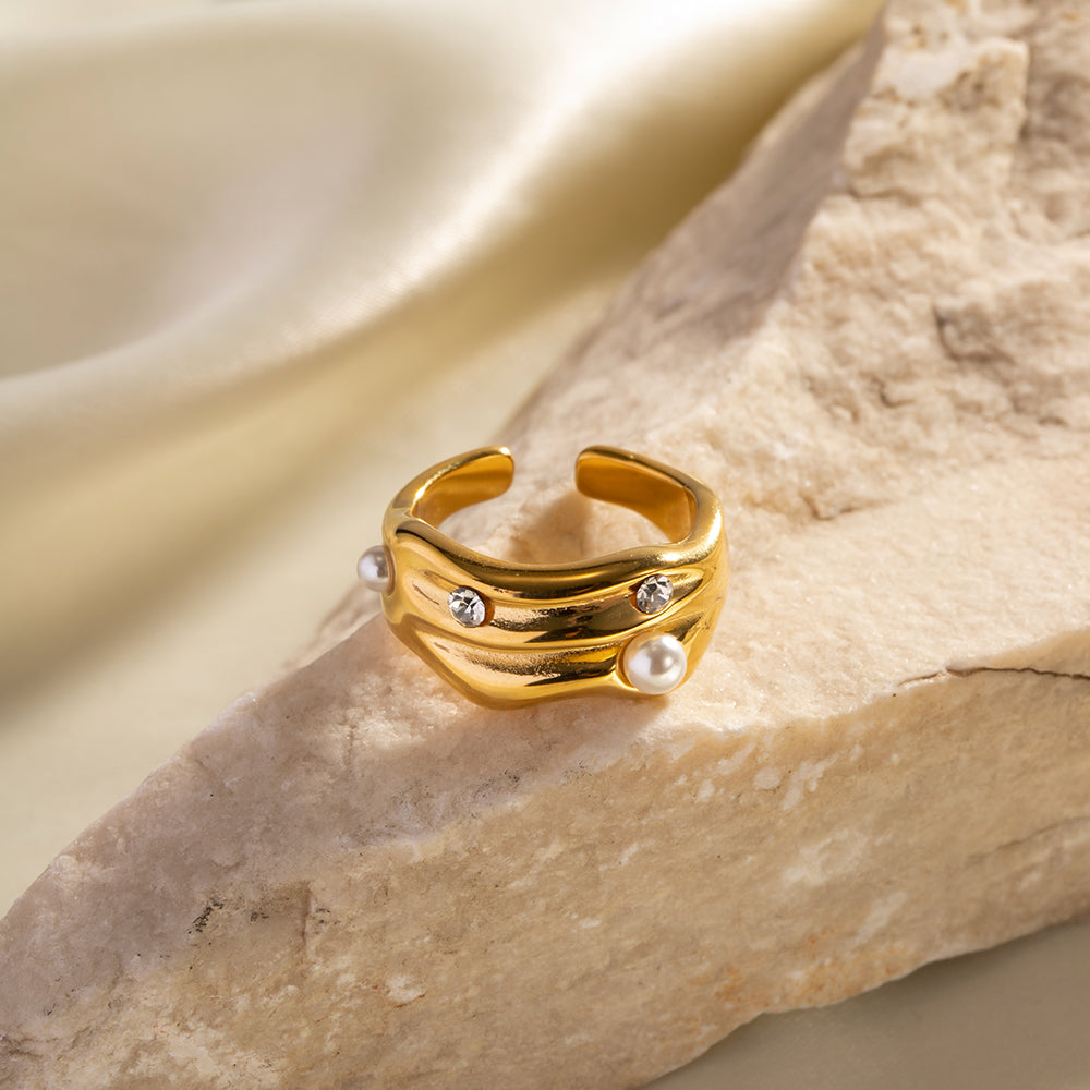 C Shape Irregular Stainless Steel Pearls Diamond Open Ring