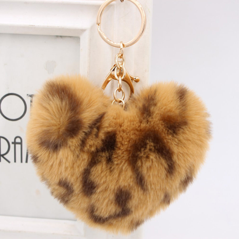 Retro Heart Shape Leopard Alloy Plush Women's Bag Pendant Keychain