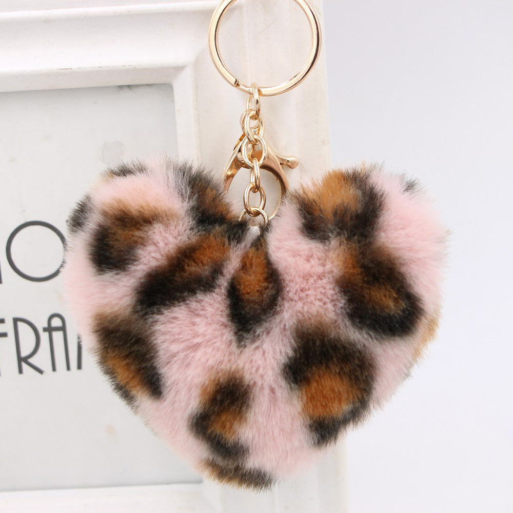 Retro Heart Shape Leopard Alloy Plush Women's Bag Pendant Keychain