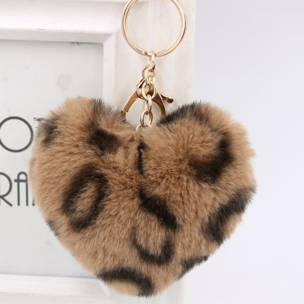 Retro Heart Shape Leopard Alloy Plush Women's Bag Pendant Keychain