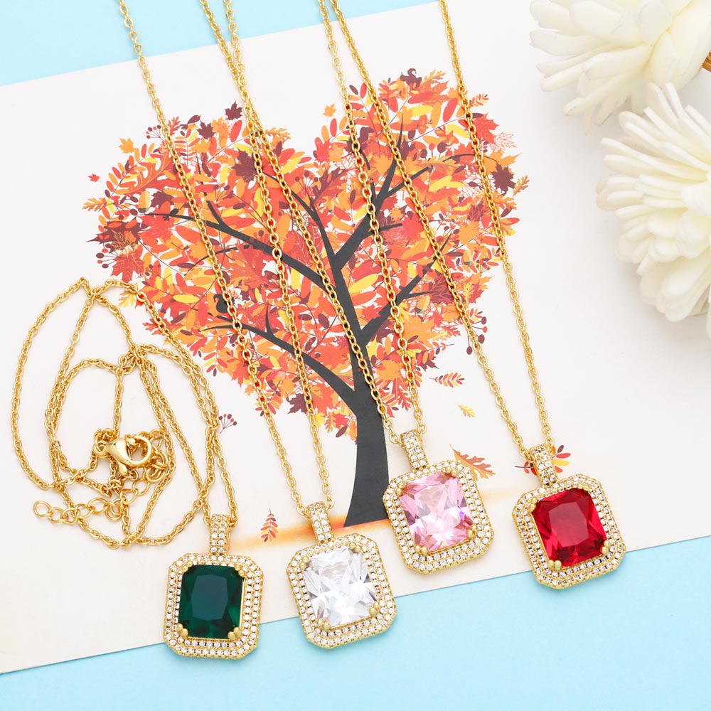 Square Copper Plating Inlay Zircon 18K Gold Plated Pendant Necklace