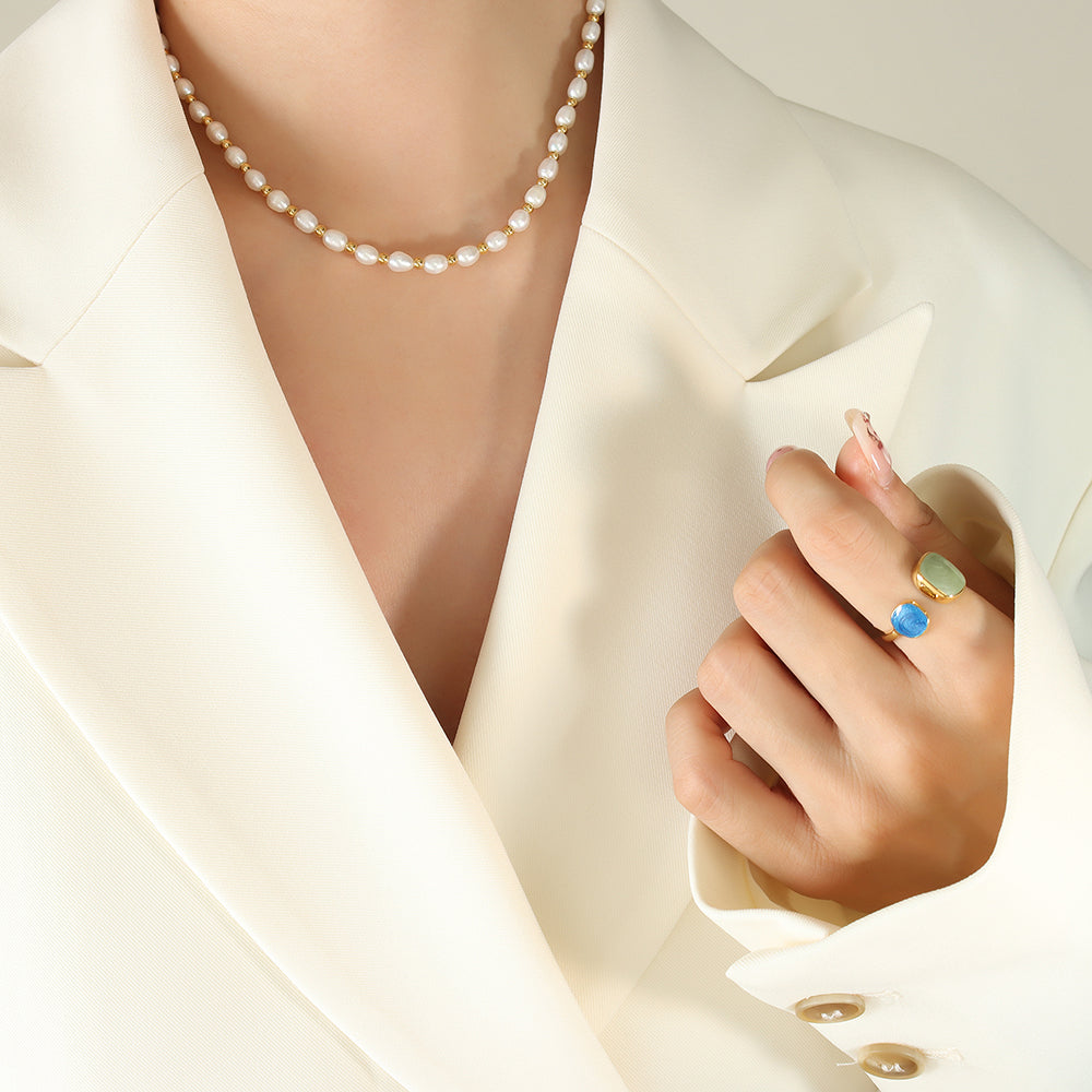 Elegant Geometric Stainless Steel Freshwater Pearl Beaded 18k Gold Plated Women's Bracelets Necklace
