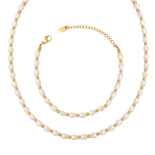 Elegant Geometric Stainless Steel Freshwater Pearl Beaded 18k Gold Plated Women's Bracelets Necklace