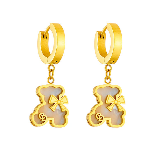 Sweet Bear Bow Knot Titanium Steel Inlay Shell Earrings