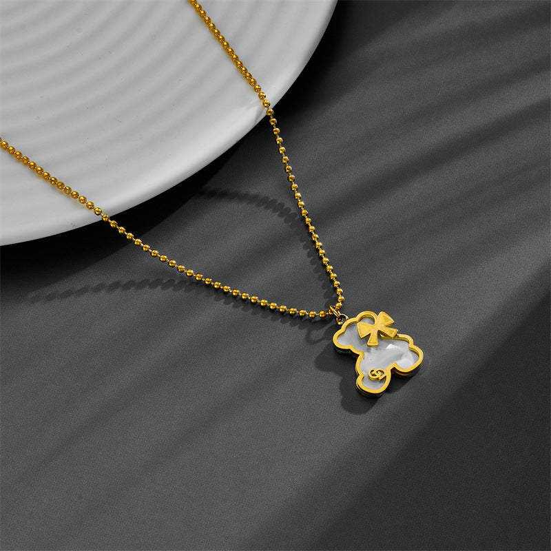 Sweet Bear Bow Knot Titanium Steel Inlay Shell Necklace