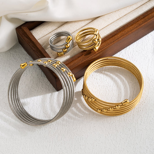Elegant Round Stainless Steel Layered Set Ring & Bracelet