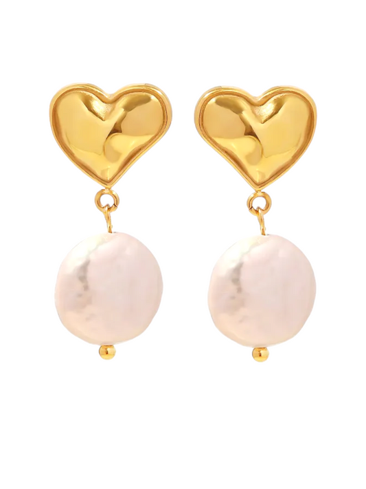 Elegant Heart Shape Stainless Steel Pearl Plating 18k Gold Plated Drop Earrings