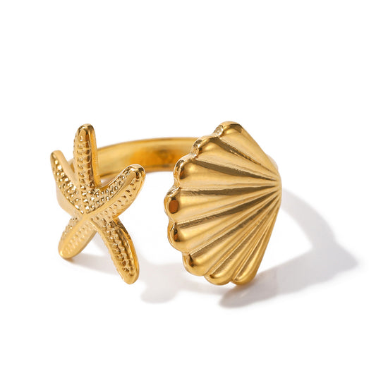 Beach Starfish Shell Stainless Steel 18k Gold Plated Open Ring In Bulk