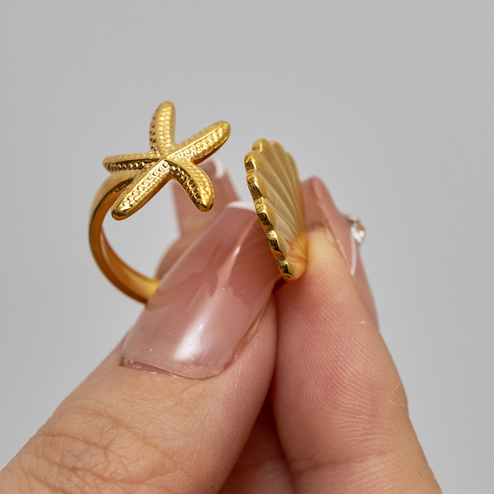 Beach Starfish Shell Stainless Steel 18k Gold Plated Open Ring In Bulk