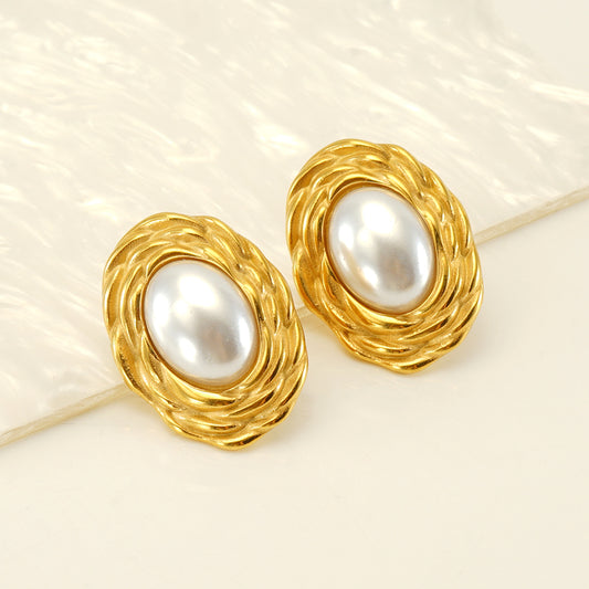 Stainless Steel Freshwater Pearl 18K Gold Plated Ear Studs