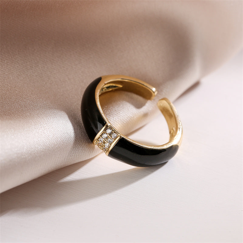 Retro Solid Color Copper Enamel Inlay Zircon Open Ring