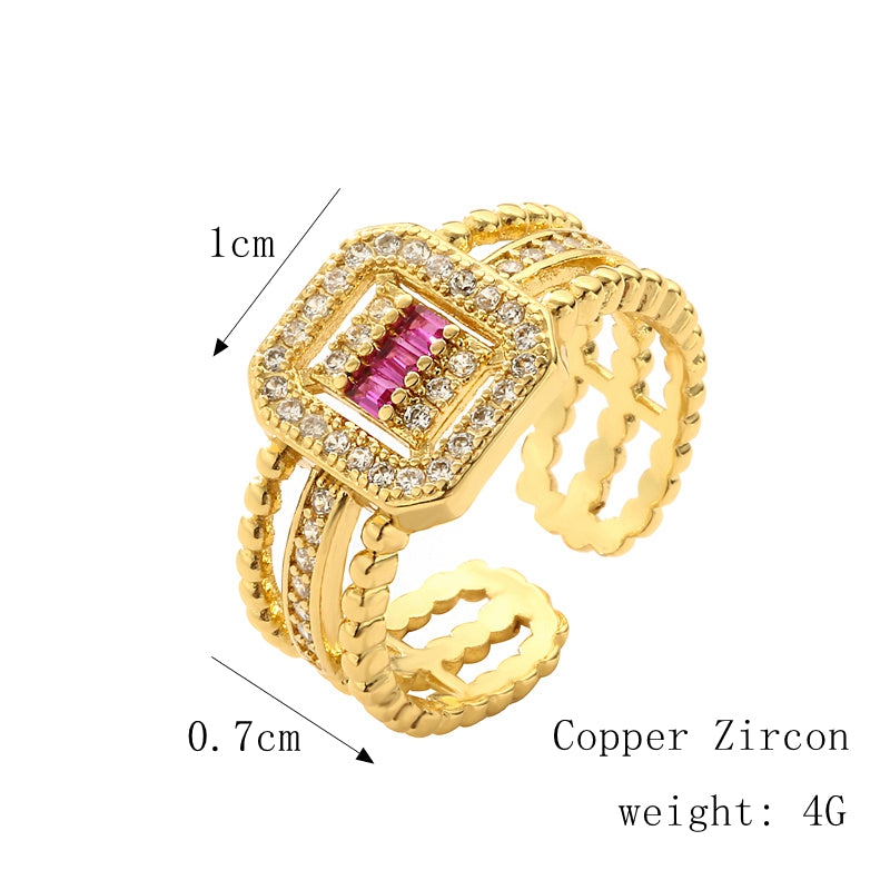 Glam Square Copper Inlay Zircon Open Ring