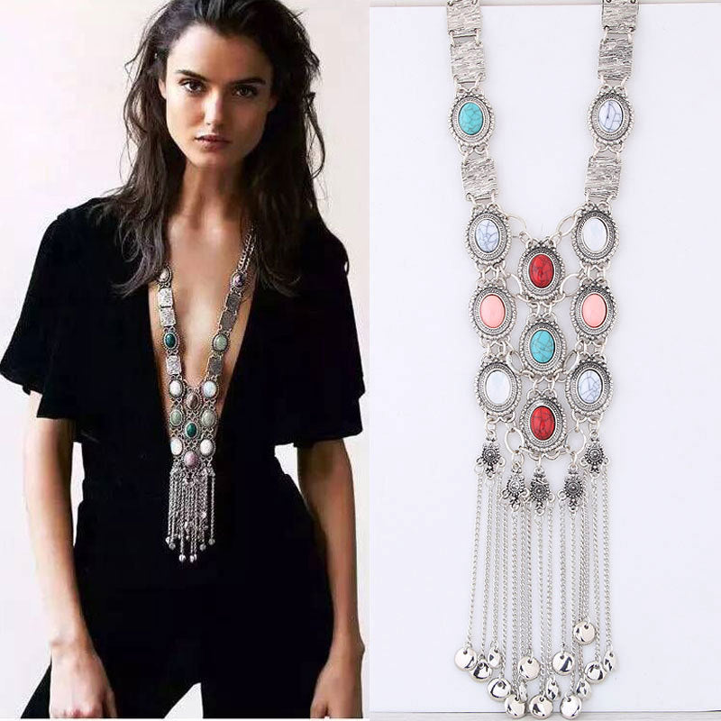 Ethnic Style Oval Tassel Inlay Turquoise Women's Long Necklace