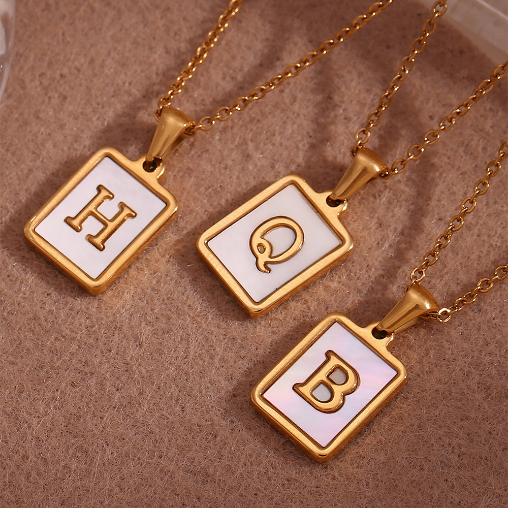 Vintage Style Letter Square Stainless Steel Plating Inlay Shell 18K Gold Plated Pendant Necklace