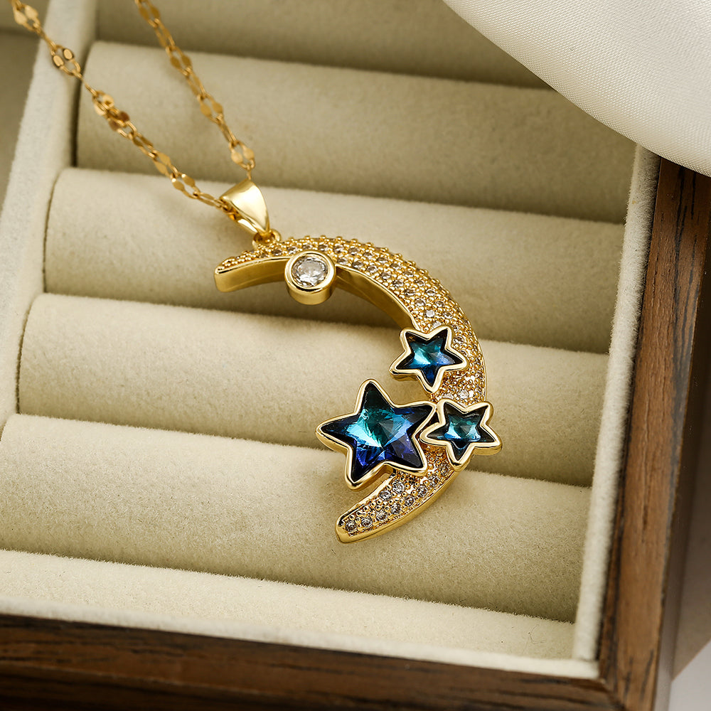 Star Moon Copper Plating Inlay Zircon 18K Gold Plated Pendant Necklace