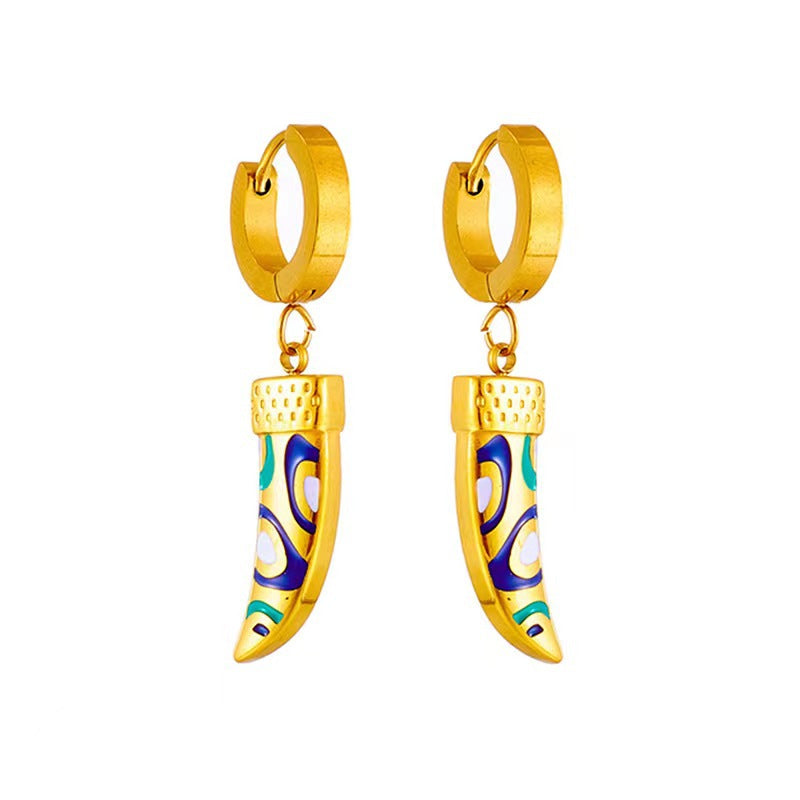 Vintage Style Horns Titanium Steel Enamel Plating 18k Gold Plated Earrings