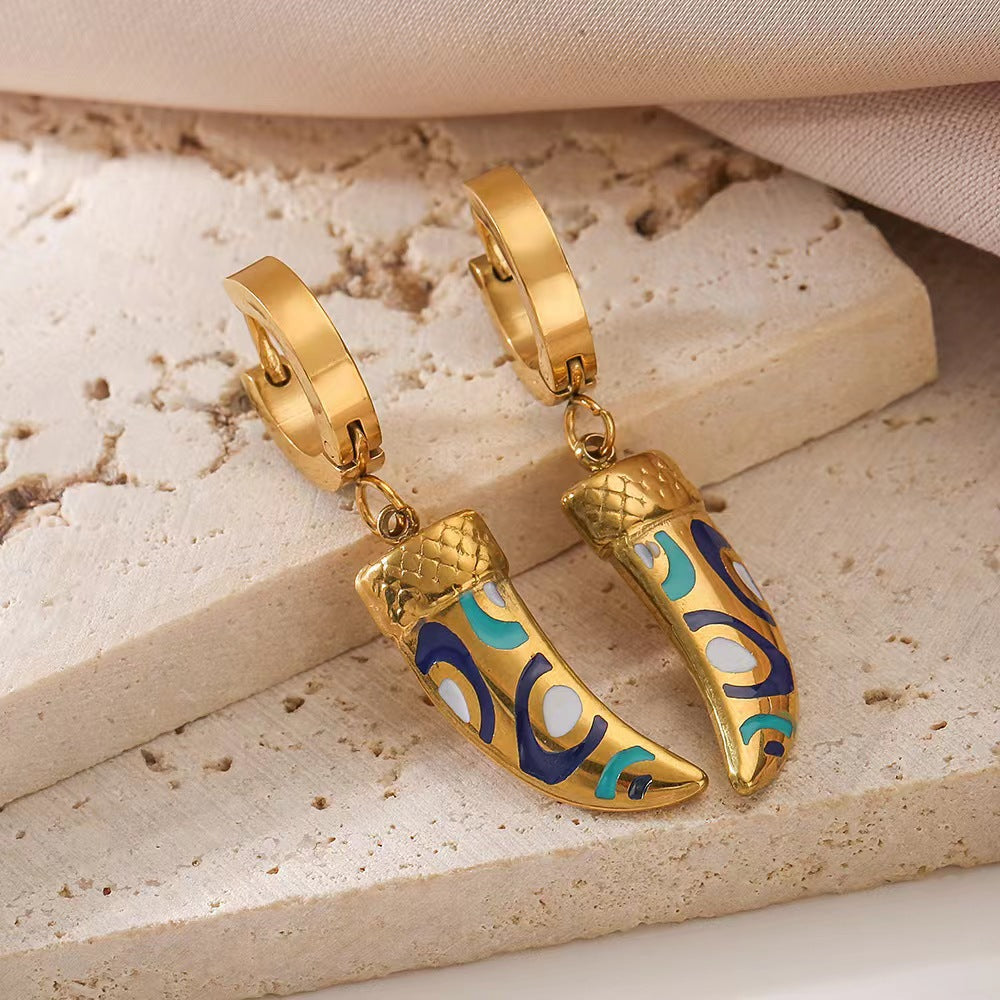 Vintage Style Horns Titanium Steel Enamel Plating 18k Gold Plated Earrings