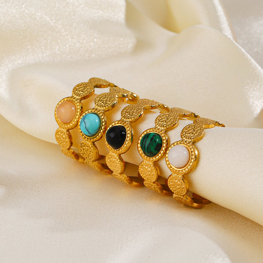 304 Stainless Steel 18K Gold Plated IG Style Plating Inlay Geometric Natural Stone Turquoise Opal Open Ring
