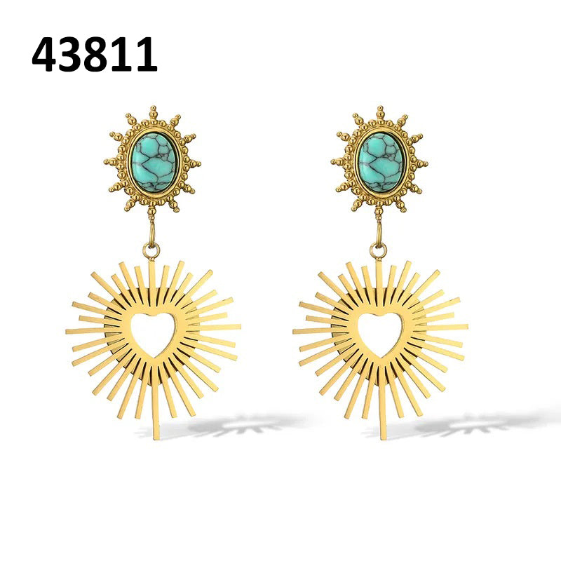 Lady Streetwear Sun Heart Shape Plating Inlay Titanium Steel Turquoise 18k Gold Plated Drop Earrings